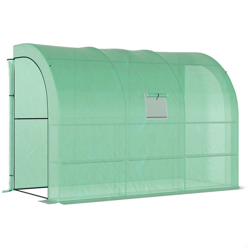 Lean To Greenhouse, Walk-In Green House, Plant Nursery With 2 Roll-Up Doors And Windows, PE Cover And 3 Wire Shelves, Green