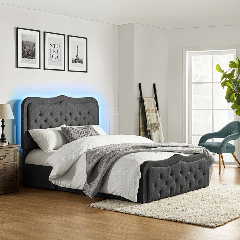 Grand lit standard avec rangement capitonné Queneisha, Gris anthracite, Très grand