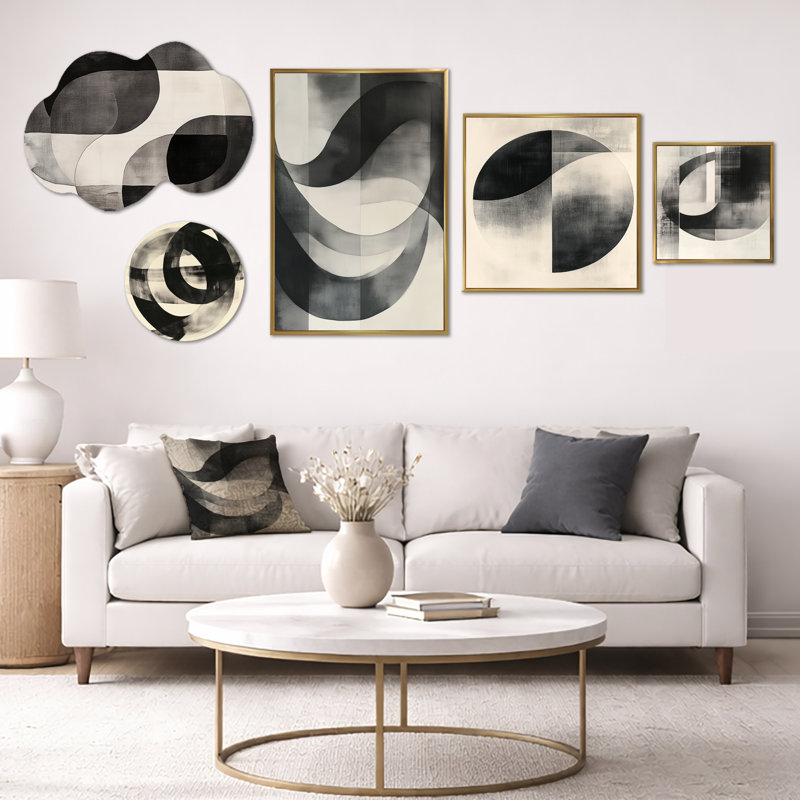 Géométrie noire et blanche «Minimal Curves - Décoration murale abstraite surdimensionnée», ensemble de 5 pièces d'art mural et impression sur toile encadrée (100 po x 40 po)