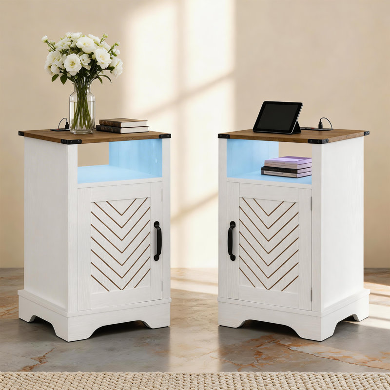 Milaun Led Nightstand With Charging Station, White And Rustic Oak, Set of 2