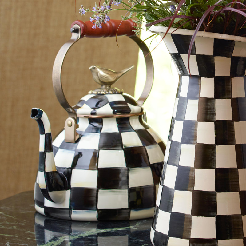 Courtly Check Enamel 3 Quart Whistling Tea Kettle with Bird Knob