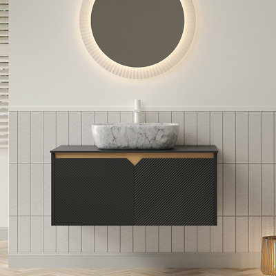 Meuble-lavabo et lavabo de salle de bain 36 po RUBEN, armoire de rangement flottante murale en contreplaqué, portes doubles en sergé avec garniture en métal, vasque rectangulaire en céramique à motif marbré et plateau en pierre frittée noire, noir