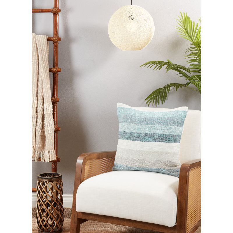 Aqua and Beige Striped Cotton Blend Throw Pillow Cover, 20"