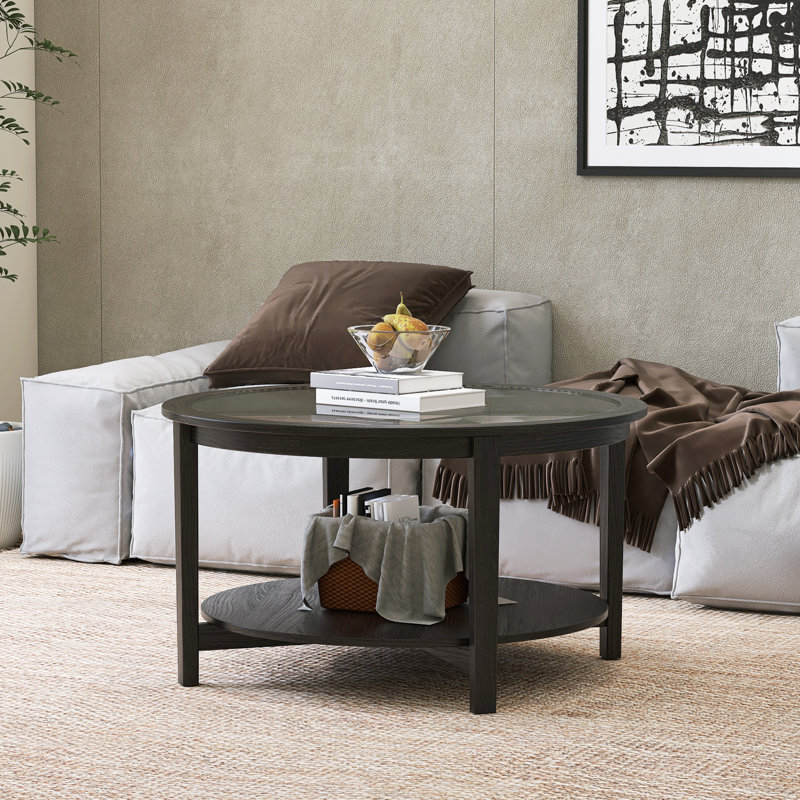 Table basse ronde à double couche en bois massif avec plateau en verre trempé