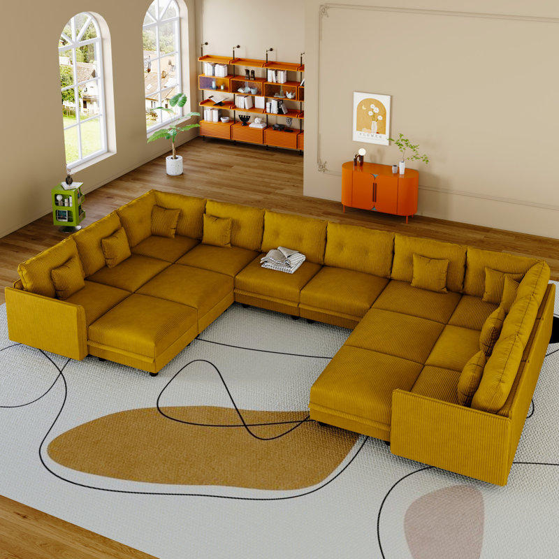 14 Seat Corduroy Convertible Modular Sectional Sofa With Storage, 12 Back Cushion 12 Throw Pillow, Yellow Corduroy