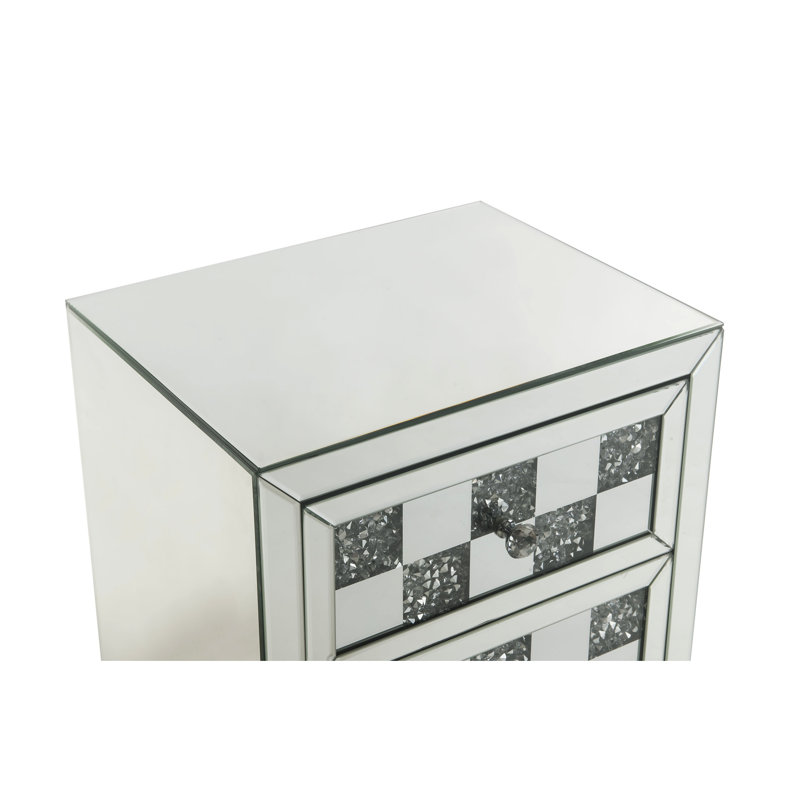 Elegant Mirrored And Faux Diamonds Accent Buffet - 3 Drawer, 18"w X 26"h, Synthetic Wood Table With Tray 1.3" Thick,