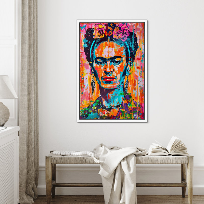 «Pop Urban Street», Frida Kahlo, Portrait coloré, graffiti vibrant, œuvre d'art sur toile encadrée, Cadre blanc