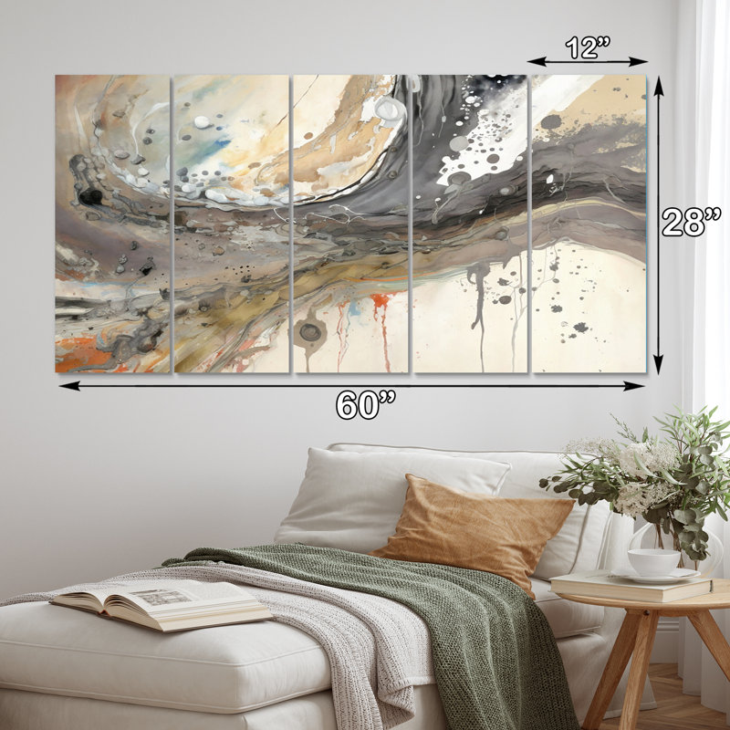 «Subtle Serenity Watercolor Waves I», art mural sur toile à formes abstraites, 5 panneaux égaux