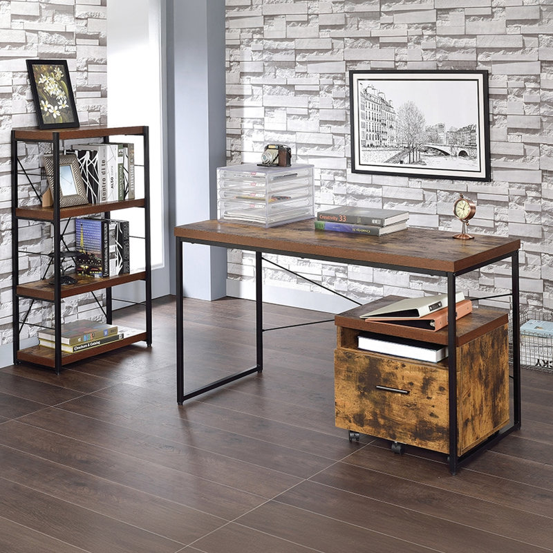 Bibliothèque industrielle à cadre rectangulaire en métal noir avec finition chêne vieilli, 4 tablettes pour outils utilitaires de bureau à domicile, l 24 po x P 11 po H 43 po.