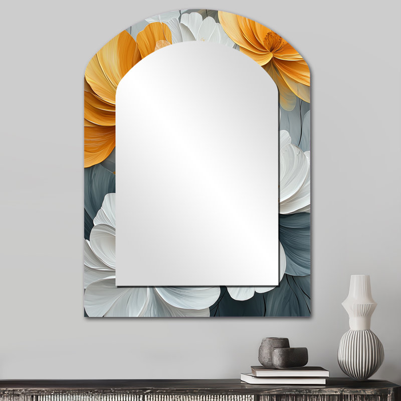 Petals Of Velvet Wildflowers Yellow II - Wildflowers Asymmetrical Wall Mirror, Yellow Arch Decorative Mirror, Printed Metal Art