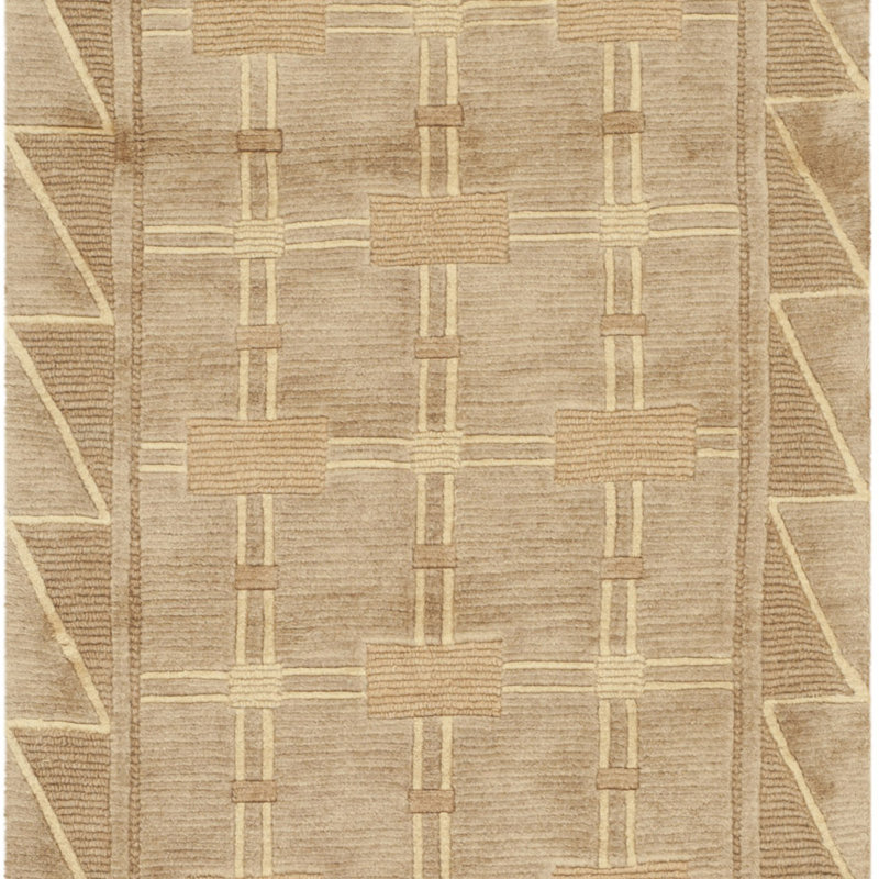 Beige and Brown Hand-Knotted Wool Geometric Rug 5' x 7'