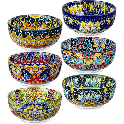 Cereal Bowls Set Of 6, Bohemian Ceramic Soup Bowls, Colourful Bowls Set For Kitchen, Dishwasher & Microwave Safe For Salad, Pasta, Rice, Oatmeal, Fruit