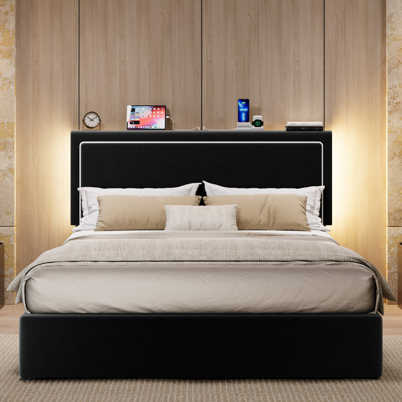 Lit plateforme tapissier moderne en velours avec tête de lit à DEL, station de charge intégrée et rangement sous le lit, Noir