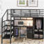 Lit mezzanine en métal avec ensemble de table et garde-robe, lit double, noir