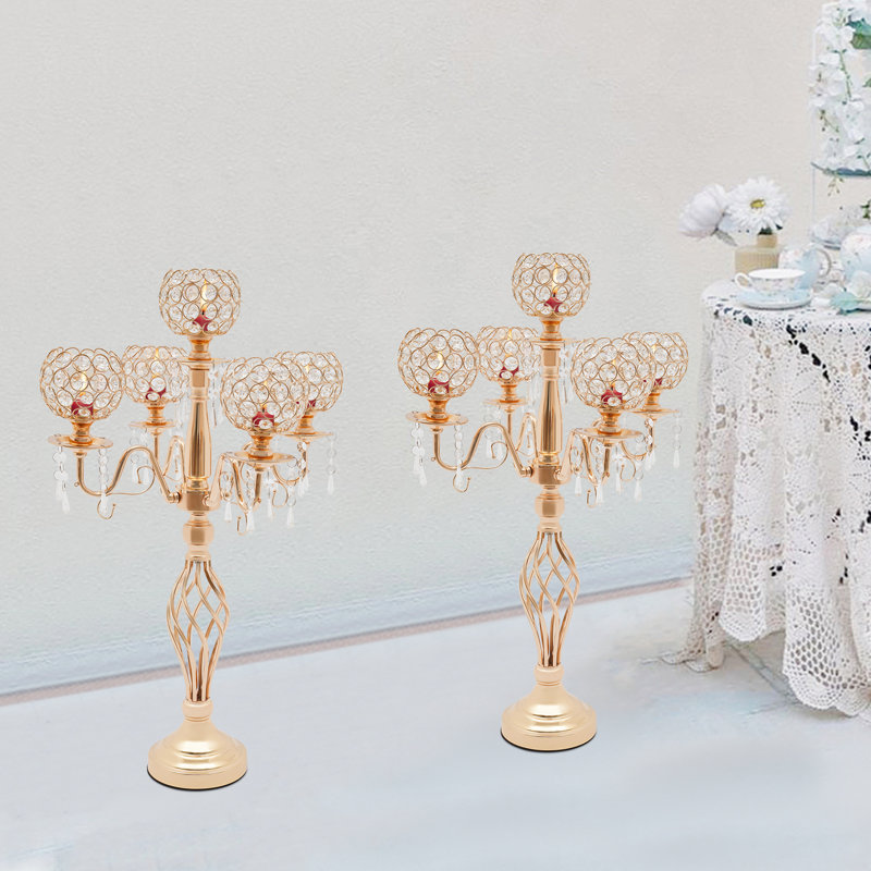 5 Arm Bowl Crystal Candelabra Table Centerpieces Decor, Gold