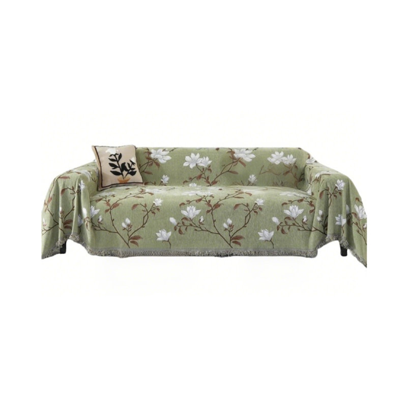 Cotton Box Cushion Sofa Slipcover, Green/Brown/White Floral