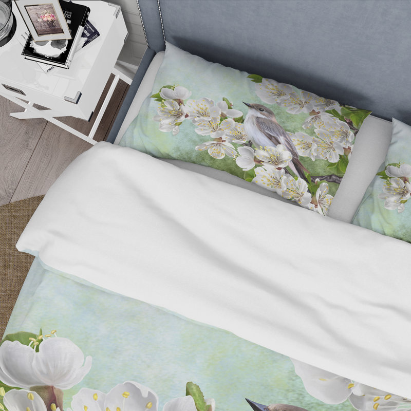 Oiseau gris sur une branche d'arbre en fleurs - Ensemble de housse de couette traditionnel - Microfibre de polyester