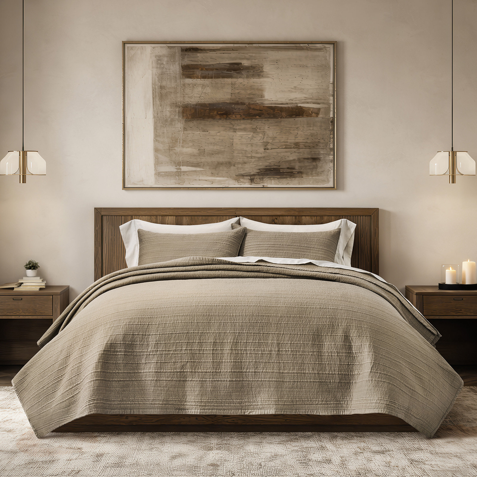 Channel Stitch Cotton Quilt Bedding Set, Queen Quilt + 2 Queen Shams, Stone Taupe