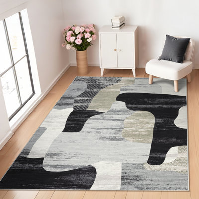 Modern Washable Runner Rug, Low Pile Non-Slip Abstract Carpet for Hallway, Kitchen or Laundry