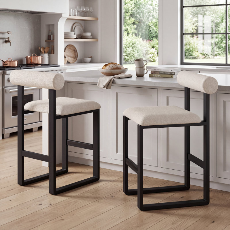 Tabouret de bar et de comptoir rembourré avec base en bois Brayden, Noir, Blanc