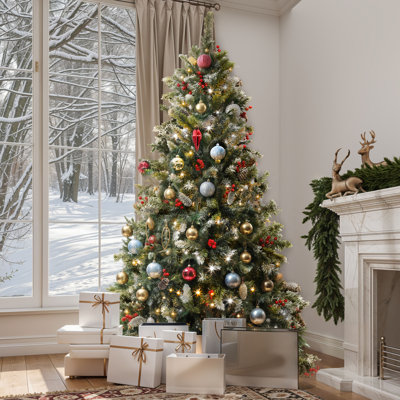 Arbre de Noël artificiel pré-décoré 6 pi / 7,5 pi / 9 pi avec pointes givrées, lumières pré-installées, pommes de pin et baies