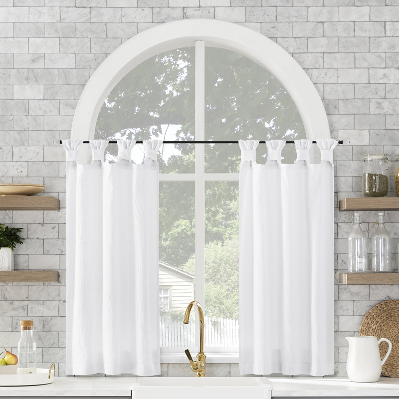 Archaeo Sarro Washed Cotton Semi-Sheer Tab Top Kitchen Curtain Tier Pair, White, 52" W x 45" L