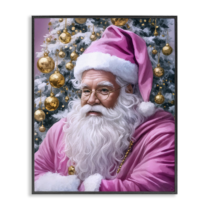 Père Noël traditionnel en rose, estampe numérique, design par Tabz Jones, H 14 po x l 11 po, Giclée encadrée noir minuit