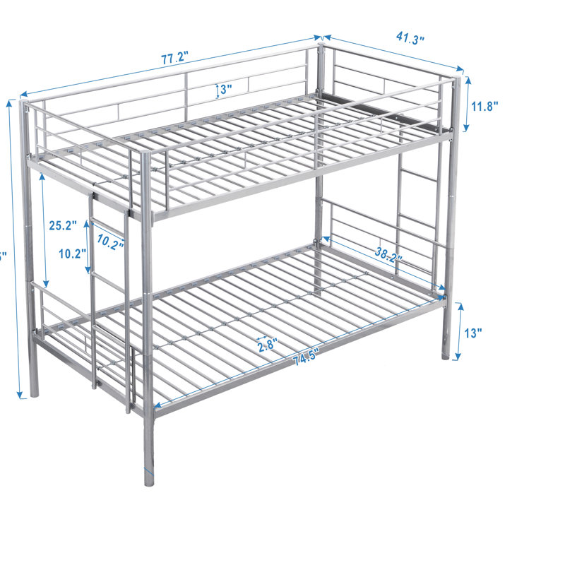 Lit superposé en métal argenté - moderne pour économiser de l'espace dans la chambre à coucher, construction, sommeil tranquille et stable, grand roulement, escalier sécuritaire, installation simple au-dessus, assemblage facile avec des instructions claires, toutes les pièces incluses, non