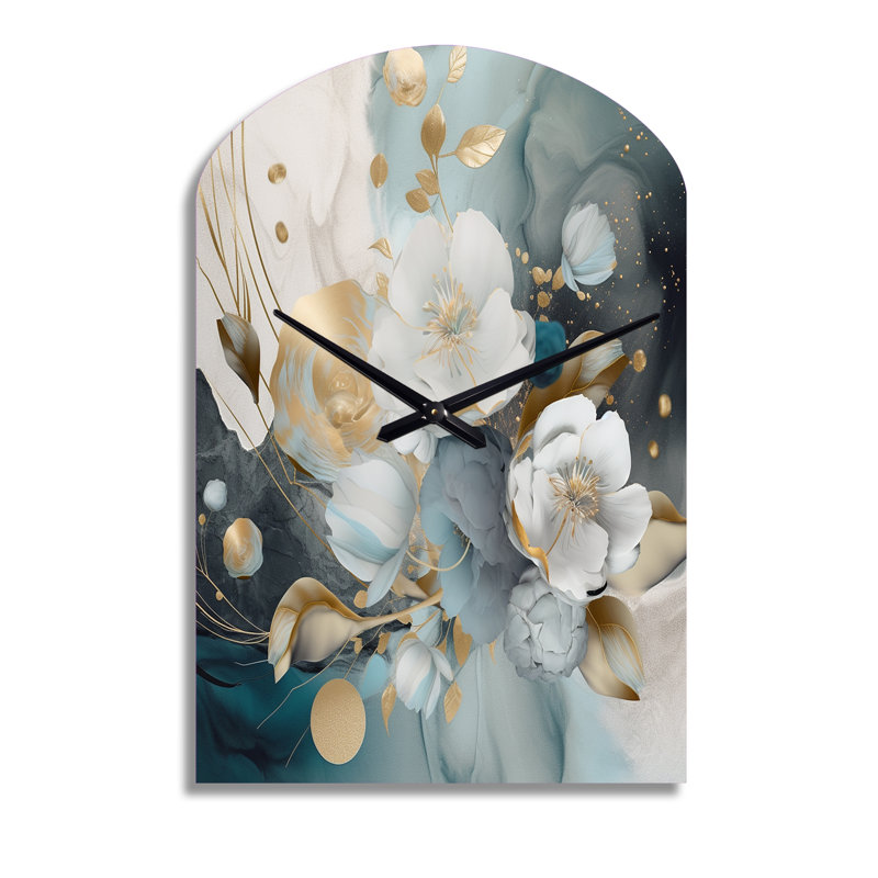 Blue Marble Gold Floral Impressions II - Arch Shape Large Blue Wall Clock - Unique Shape, Medium