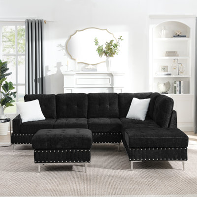 L -Shaped Upholstery Sectional With Chaise,3-Seaters Sofa With Storage Ottoman And Copper Nails