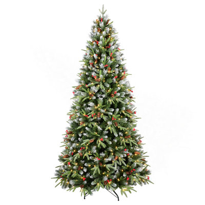 5FT Christmas Tree With 250 Warm White LED Lights – 1131 Snow-Tipped PE+PVC Branches, Red Berries & Pine Cones, Hinged Design, Stable Metal Stand – Realistic Holiday Decoration