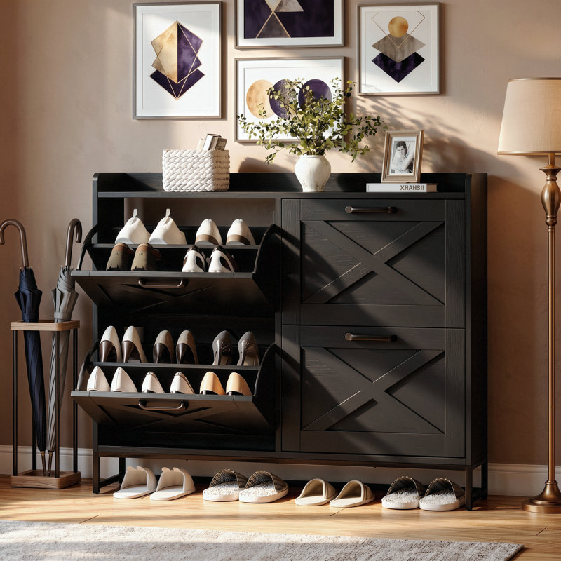 Armoire de rangement pour chaussures 24 paires avec 4 tiroirs rabattables et tablettes réglables, organisateur de chaussures multifonctionnel pour l'entrée, espace étroit