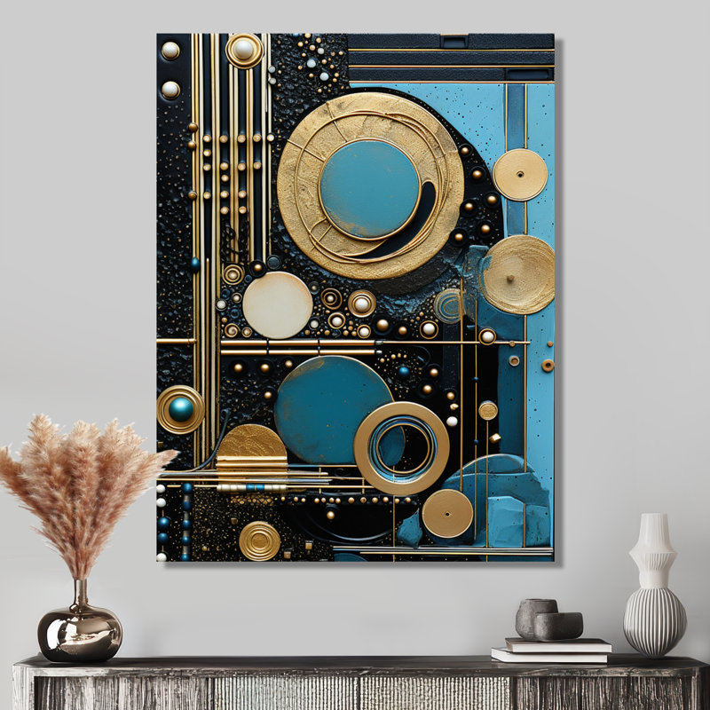Collage Art nouveau bleu clair doré - décoration murale géométrique, Toile tendue, H 40 po x l 30 po x P 1,5 po