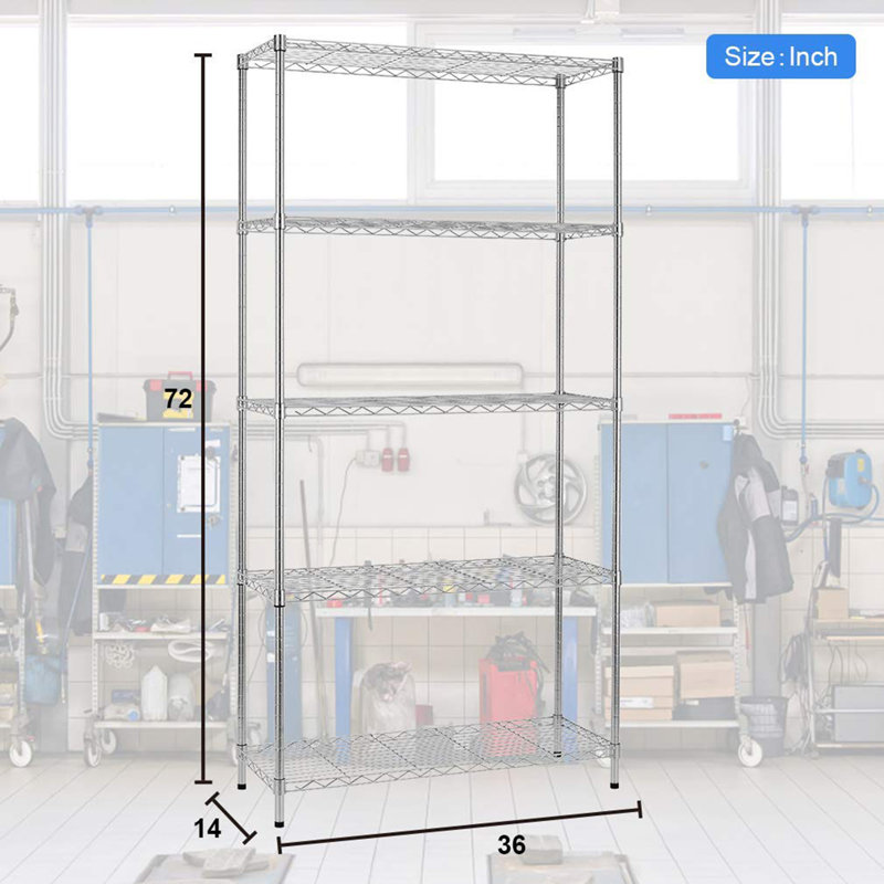 Étagère en fil métallique Étagère de garage à 5 niveaux Tablette de garage réglable l 36 po x P 14 po x H 72 po Étagère en métal robuste Résistant à la rouille jusqu'à 1250 lb Facile à assembler pour la cuisine à la maison