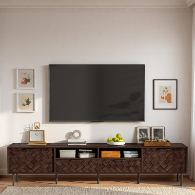 Meuble télé moderne avec rangement fermé, tablettes ouvertes, rangement fermé, gestion des câbles et pieds en fer