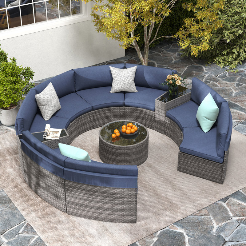 Ensemble de conversation 11 pièces pour 8 personnes avec coussins et coussin décoratif, Structure grise / coussin bleu marine