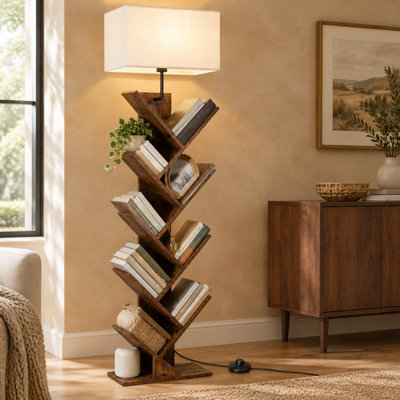 Étagère lumineuse à 9 niveaux avec télécommande et minuterie, combinant une bibliothèque moderne haute et étroite en bois avec un meuble de rangement compact sur pied pour le salon, la chambre ou le bureau.
