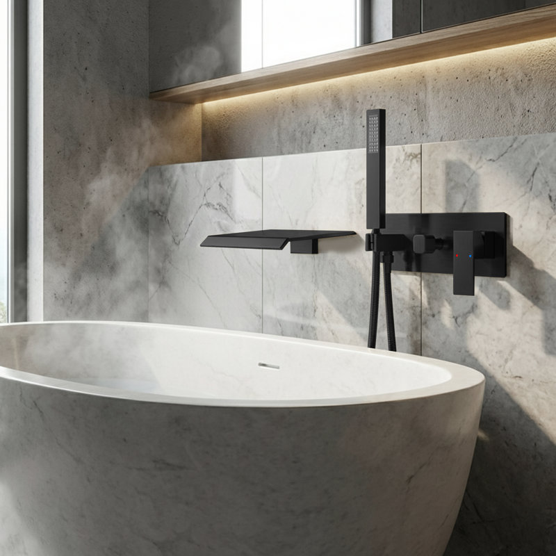  Wall Mounted Waterfall Bathroom Tub Faucet with Hand Shower, Black