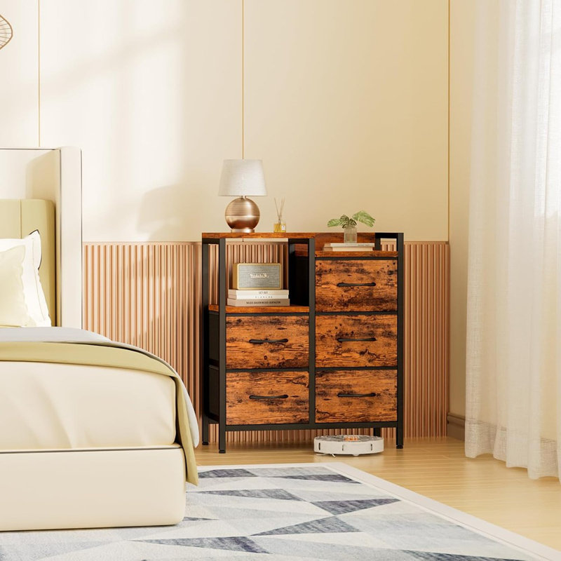  Commode 5 tiroirs brun rustique pour la chambre à coucher 2 tablettes de rangement à 2 niveaux pour garde-robe Armoire en métal robuste Armoires de rangement de style moderne