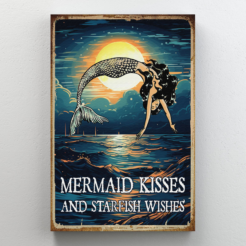 «Mermaid Under Moon - Mermaid Kisses And Starfish Wishes», reproduction d'art graphique sur toile tendue 1 pièce
