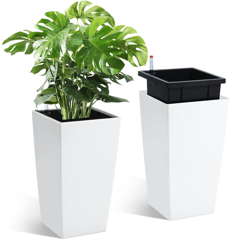 16" Tall Planters Set of 2, Outdoor＆Indoor Black Planter Pots, High Front Porch Planter Pots with Drainage Holes＆Water Level Monitor＆Inner Bucket