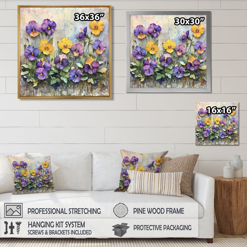 Art sur toile, "Wild Pansy Patch At The Farm III", Impression encadrée flottante, H 30 po x l 30 po, Noir, noir, noir, noir