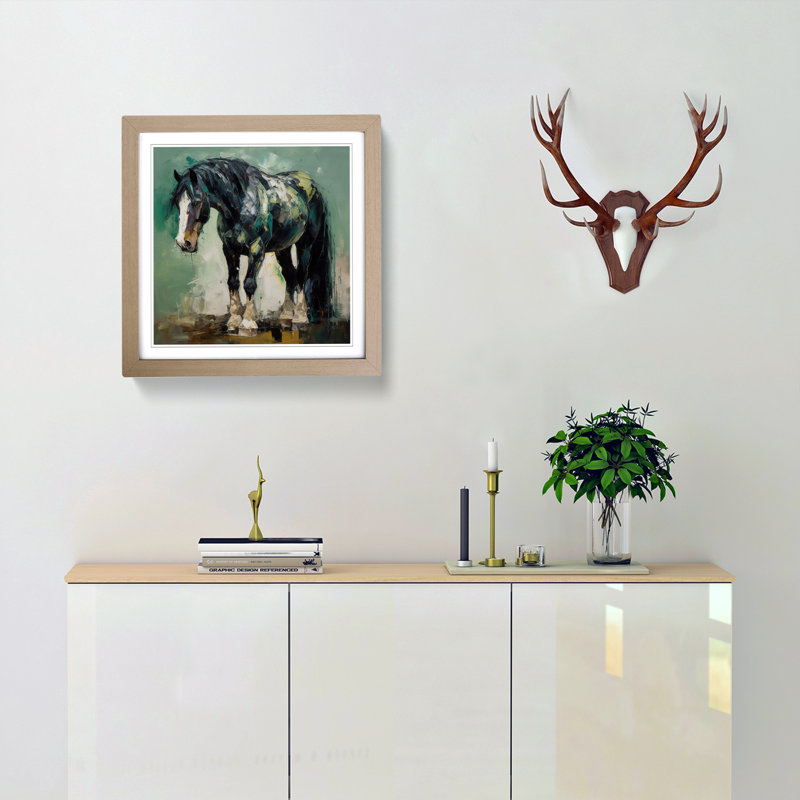 Shire Horse Abstract Expressionism - Single Picture Frame Print on Wood, Oak