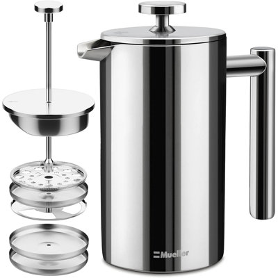 Cafetière à piston 20 po MuellerLiving, cafetière à piston en acier inoxydable, 4 filtres, double isolation thermique, antirouille, de qualité alimentaire, allant au lave-vaisselle