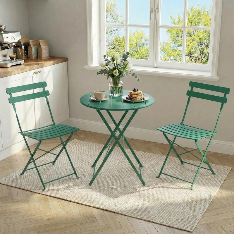 3-Piece Outdoor Metal Patio Furniture Set, Curved Back Steel Bistro Set, Green, Green