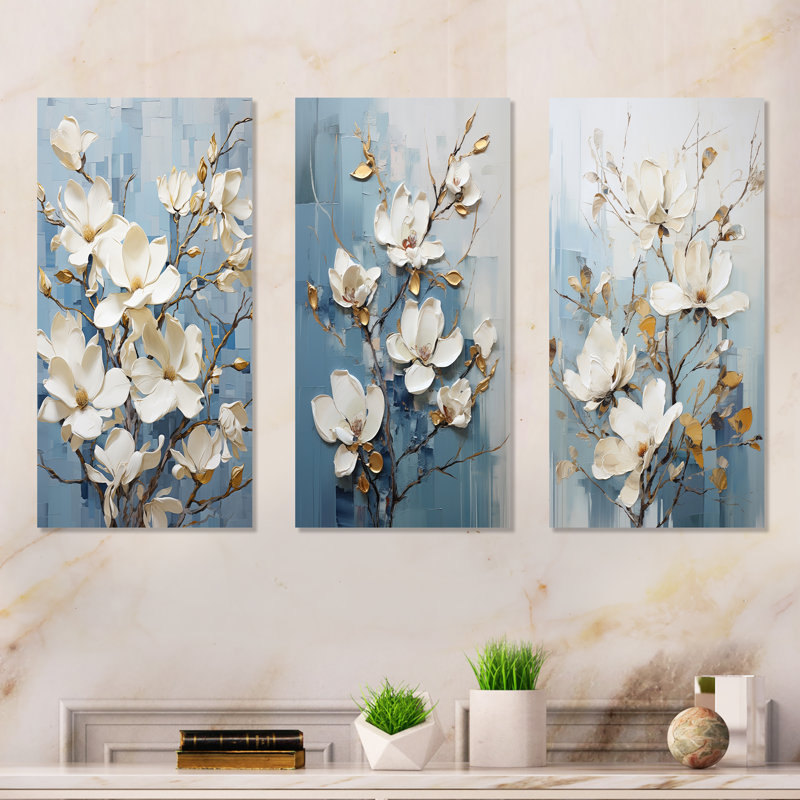 Ensemble de 3 élégantes sérigraphies magnolias blanches et bleues - magnolias, H 28 po x l 36 po