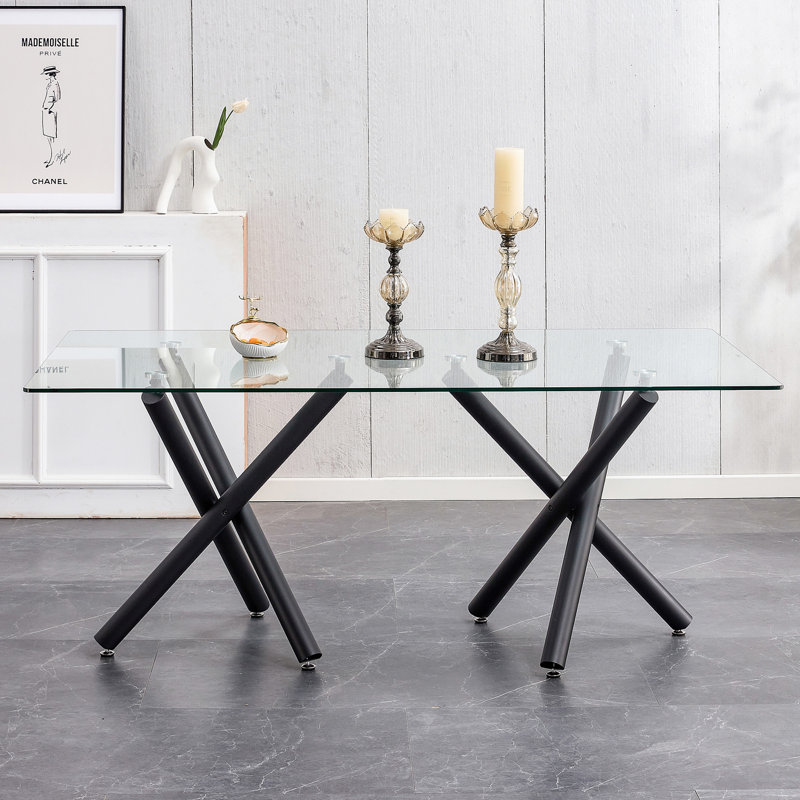 Grande table de salle à manger rectangulaire moderne en verre minimaliste pour 6 à 8 personnes avec plateau en verre trempé de 0,39 po et pieds en métal noir, pour la salle à manger, la salle de réunion, la salle de banquet