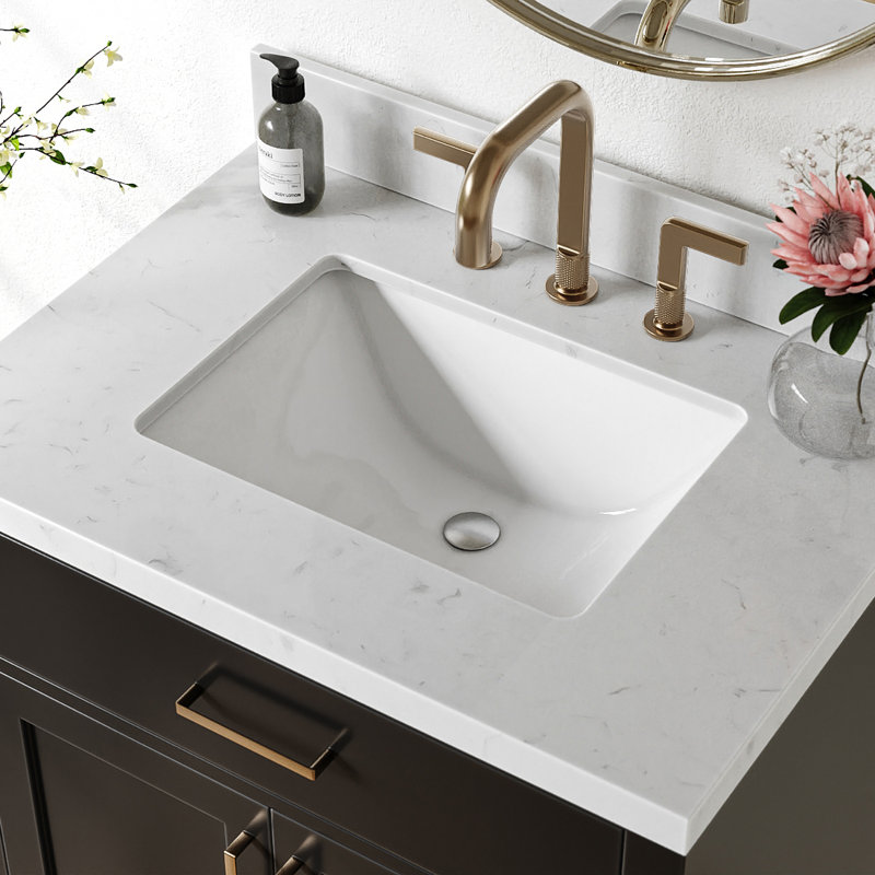 Meuble-lavabo simple en bois massif 30 po avec plateau en quartz Carrara de 1,5 po Tidworth, Forme rectangulaire