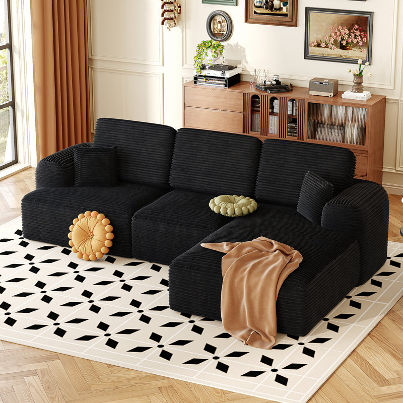 Canapé modulaire rembourré 3 pièces avec coussin 3 pièces, aucun assemblage requis, Orienté à droite, Noir