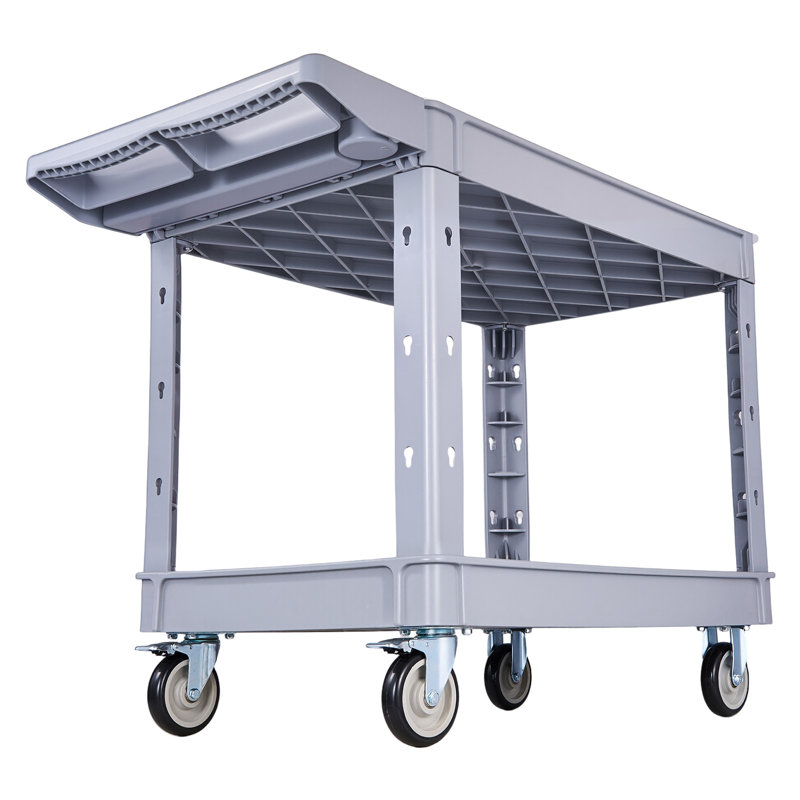 Chariot utilitaire, capacité de 250 kg, chariot de service à 2 niveaux avec roues pivotantes à 360° et roues fixes (dont 2 avec freins), en plastique robuste avec plateau de rangement, idéal pour le rangement d'outils dans un garage, un entrepôt ou un atelier (gris).